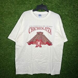 M&O Knits Chichen Itza Mexico‎ Souvenir Graphic T-Shirt White Mens XL 3062